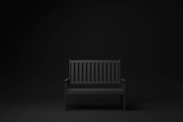 Black wooden park bench floating on Black background. minimal concept idea. monochrome. render render.