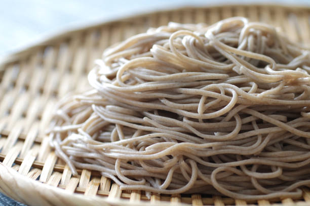 Summer Zaru soba with various toppings stock photo