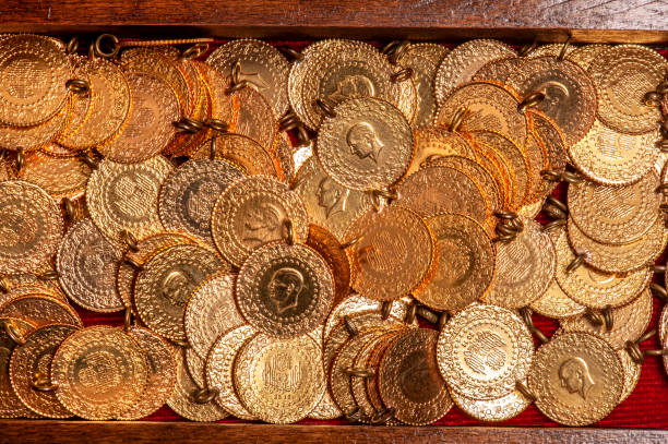 Treasure chest full of Turkish gold coins. Treasure chest full of Turkish gold coins. bijou personal accessory stock pictures, royalty-free photos & images