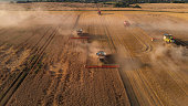Aerial shot in front of combines harvesting wheat