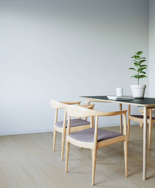 istock Dinning table and chair minimal style in white room. 3D illustration 1365789448