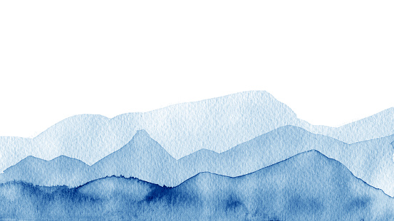 Watercolor landscape with Islands. Silhouette of a mountain. Illustration is hand-drawn in traditional Japanese ink. Shades of ultramarine, blue color.