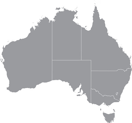 Gray blank vector administrative map of AUSTRALIA with black border lines of its states and territories