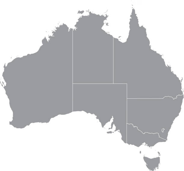 Gray states and territories map of AUSTRALIA Gray blank vector administrative map of AUSTRALIA with black border lines of its states and territories australia stock illustrations