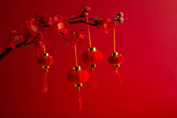 Chinese New Year background with sakura branch and lanterns.