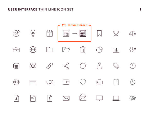User Interface Simple Thin Line Icon Set User Interface Minimal Thin Line Icon Set laptop in a trash bin stock illustrations