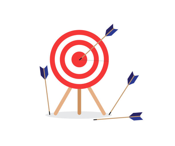 赤いアーチェリーターゲットは矢印で立っています。ビジネスとワーク目標のコンセプトを実現する。ベクターの図。 - target arrow bulls eye skill点のイラスト素材／クリップアート素材／マンガ素材／アイコン素材