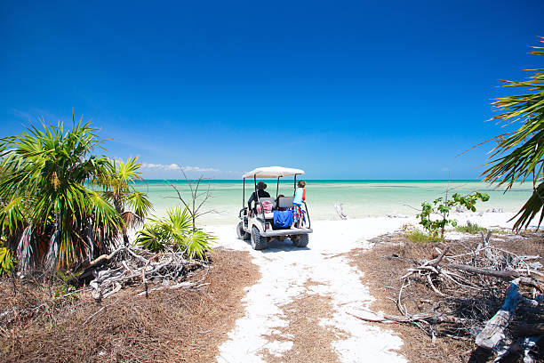 carrinho de golfe na praia tropical beach - golf cart golf mode of transport transportation - fotografias e filmes do acervo