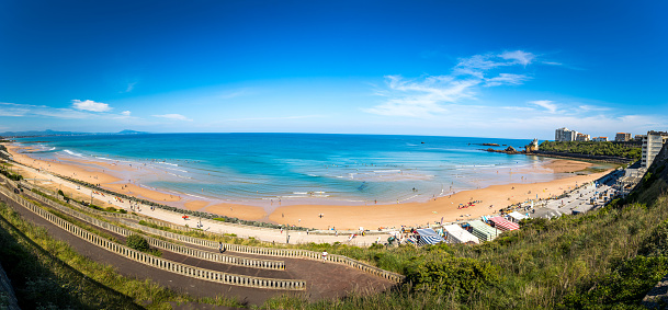 Panorama of the Cote des Basques beach at low tide in Biarritz, France