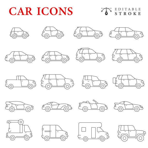 Car Line Icon Set. Editable stroke. Car Line Icon Set. Sedans and SUV vehicles. Editable stroke. audi stock illustrations