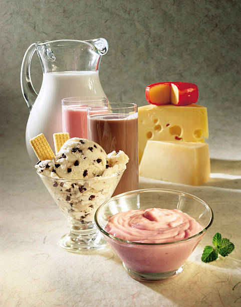 Assorted dairy products including milk, cheese and ice cream