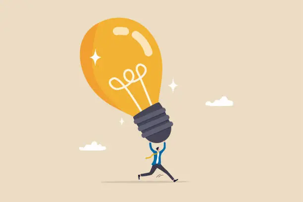 Vector illustration of Big idea, creativity and innovation to change or invent new product, solution to solve problem, discover new idea concept, excited businessman carrying big lightbulb idea running to invent new product