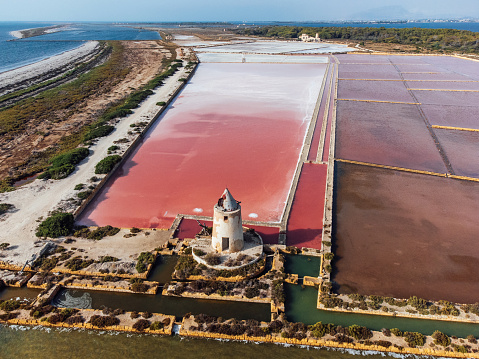 Aerial view of pink salt flats in Sicily, Italy. Saline di Marsala.