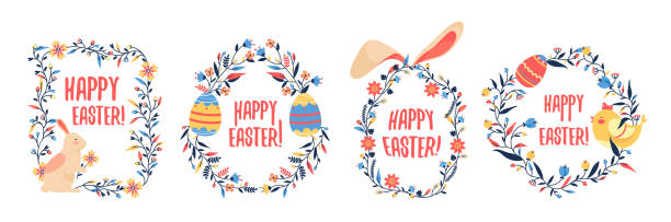 illustrazioni stock, clip art, cartoni animati e icone di tendenza di cornici decorative pasquali o banner, set vettoriale. - easter egg isolated remote frame