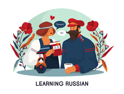 People have conversation or learning Russian language. Lesson with tutor or teacher, talk or communication. Study of foreign tradition and culture. Education theme. Vector banner or background.