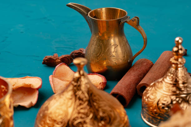 istock Turkish metal tableware on wooden table close up 1365807521