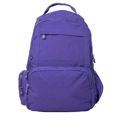 Backpack made of lilac-blue fabric with a pockets. White background