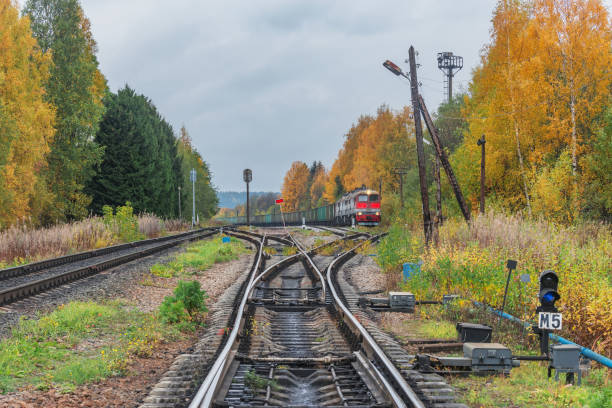 Old station railway lines at autumn day. Russia.
