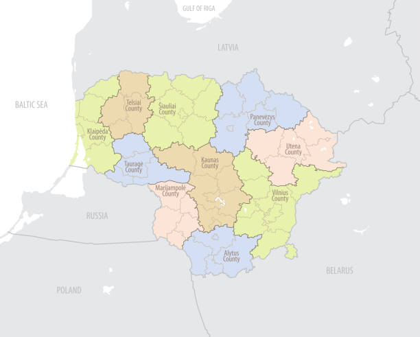 ヨーロッパの行政区画と国の場所を持つリトアニアの地図、詳細なベクトルイラスト - klaipeda点のイラスト素材／クリップアート素材／マンガ素材／アイコン素材