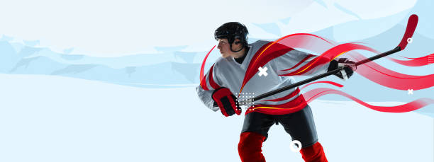 Young man, professional hockey player in protective uniform training isolated over light background. Contemporary art collage. Modern design.