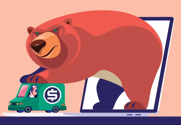 Vector illustration of bear holding van via laptop