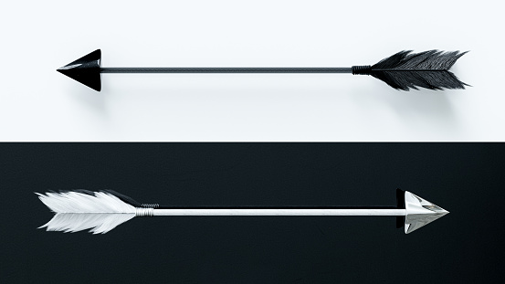 Black bow arrow on white, White bow arrow on black. Aim or different goal concept. 3D Render.