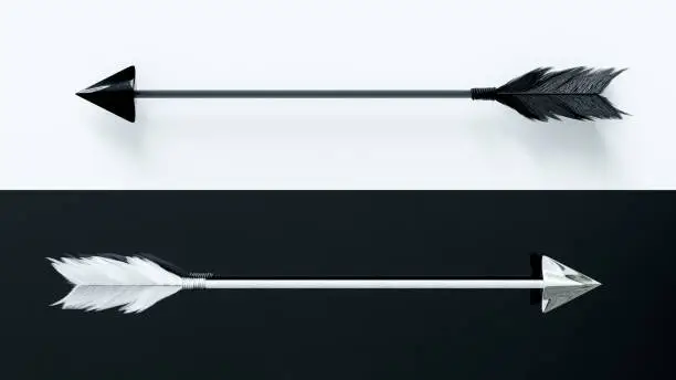 Photo of Black bow arrow on white, White bow arrow on black. Aim or different goal concept. 3D Render.