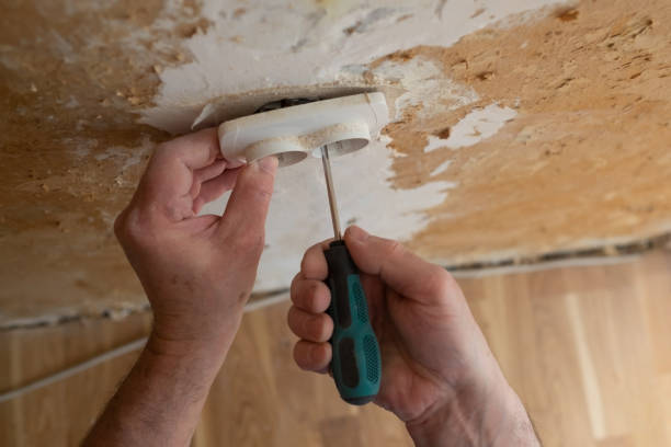 istock Hands of electrician installing electrical socket with new home 1365821592