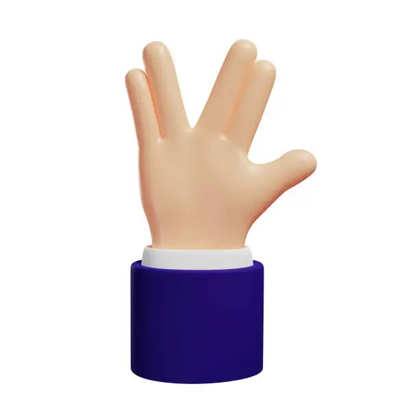 3d hand shows gesture Vulcan salute, hello gesture, isolated illustration on white background, 3D rendering