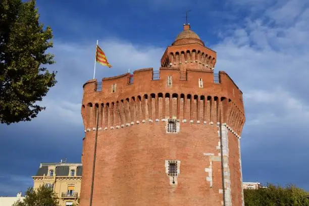 Perpignan town in Roussillon, France. Medieval landmark. Main city gate - Le Castillet.