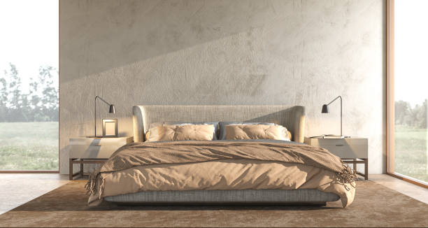 istock Modern interior scandinavian design. Bedroom japandi style with stucco wall mock up. Panoramic windows and nature view. 3d render illustration. 1365824457