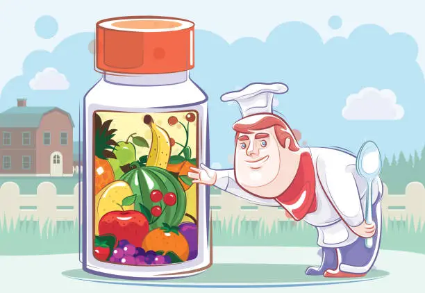 Vector illustration of chef presenting vitamin bottle