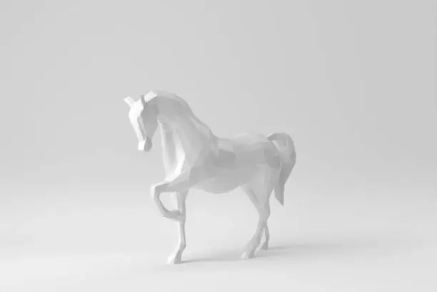 Photo of Abstract horse of geometric shapes. Triangle horse on white background. Design Template, Mock up. 3D render.