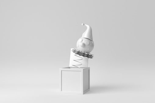 Jack in the Box toy on white background. Paper minimal concept. 3D render.