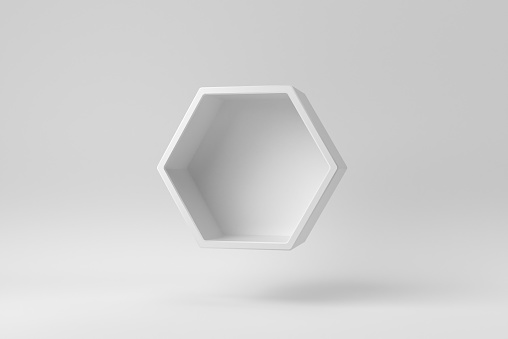 Hexagon wall shelves on white background. Design Template, Mock up. 3D render.