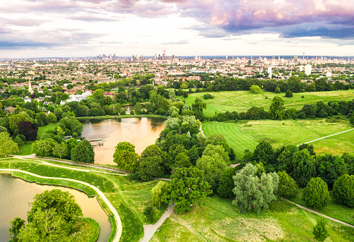 Hampstead Heath's pools in the foreground, with London's skyline in the distance on the horizon.