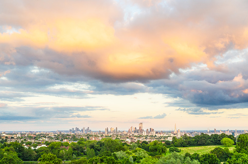 An aerial panorama of the UK's capital city London, photographed in summer from the north of the city.