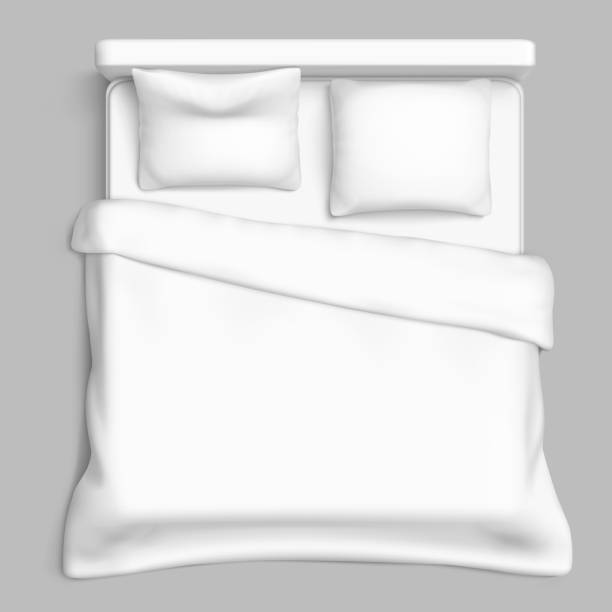 Bed top view white vector Bed top view white. blanket. pillow. interior mattress. hotel duvet 3d realistic vector head board bed blue stock illustrations