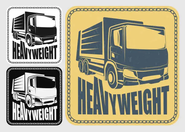 Vector illustration of Old iron chain framed square sticker with heavy truck in retro style . Magazine cover, trucking brochure. Industrial machinery and equipment. Vector