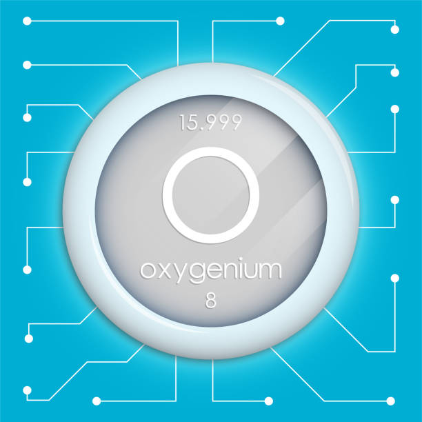 酸素シンボルを持つリアルなボタン。化学元素は酸素です。白い背景上で分離されたベクター - oxygen periodic table mass sign点のイラスト素材／クリップアート素材／マンガ素材／アイコン素材