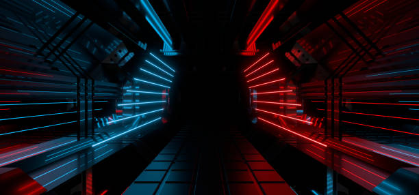 istock Sci Fy neon lamps in a dark corridor. Reflections on the floor and walls. 3d rendering image. 1365830281