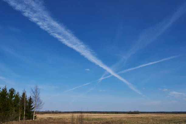 istock blue sky with white traces from a flying plane in a field and trees in spring 1365830393