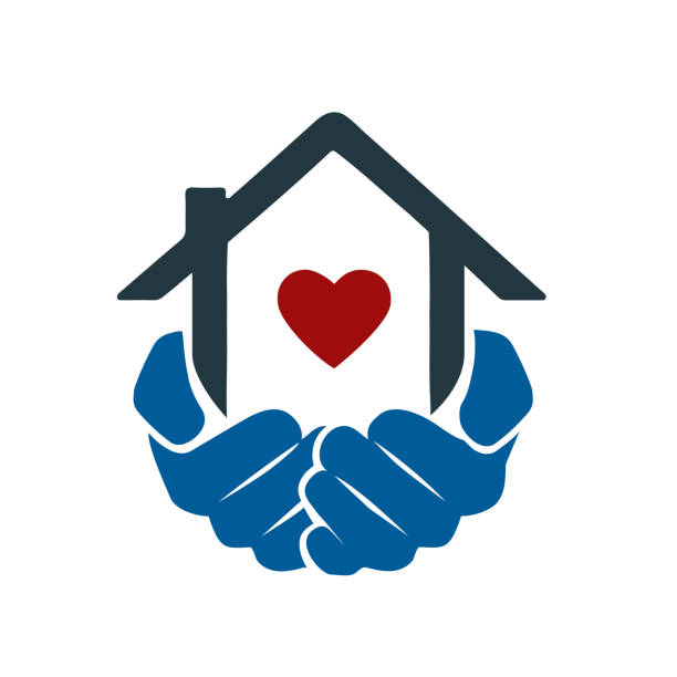 ilustrações de stock, clip art, desenhos animados e ícones de hands holding house symbol with heart shape thick line icon with pointed corners and edges for web, mobile and infographics. vector isolated icon. - casa