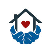 istock Hands holding house symbol with heart shape thick line icon with pointed corners and edges for web, mobile and infographics. Vector isolated icon. 1365830421