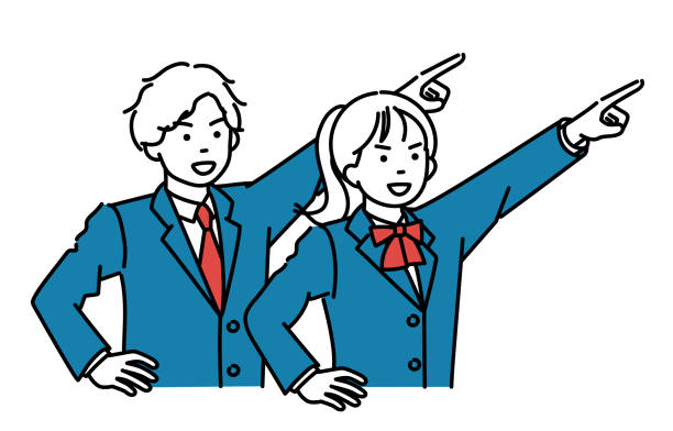 Simple illustration set of a male and female student pointing toward a goal A set of simple illustrations of male and female students pointing towards a goal.
Vector data for easy editing. schoolgirl uniform stock illustrations