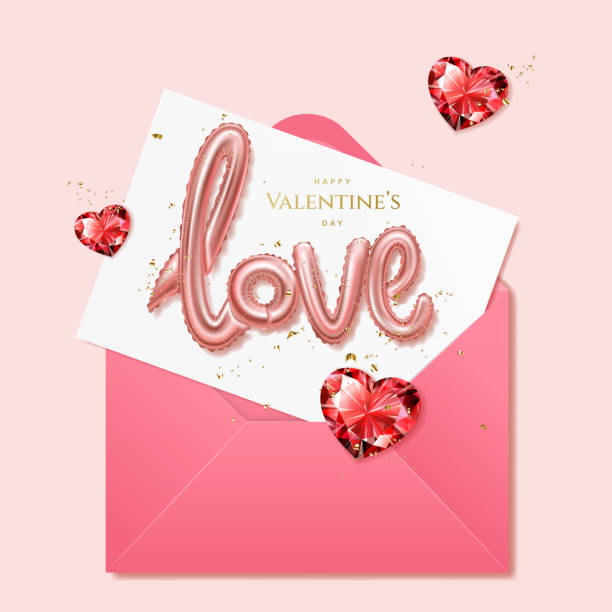 ilustrações, clipart, desenhos animados e ícones de romântico rosa natal fundo do dia dos namorados com envelope e carta com balões na forma da palavra amor e corações de diamantes vermelhos com confete de ouro. - heart shape confetti love single word