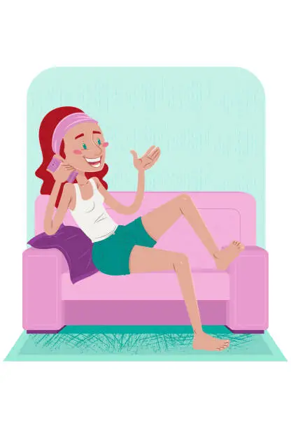 Vector illustration of Woman on sofa talking on cellphone