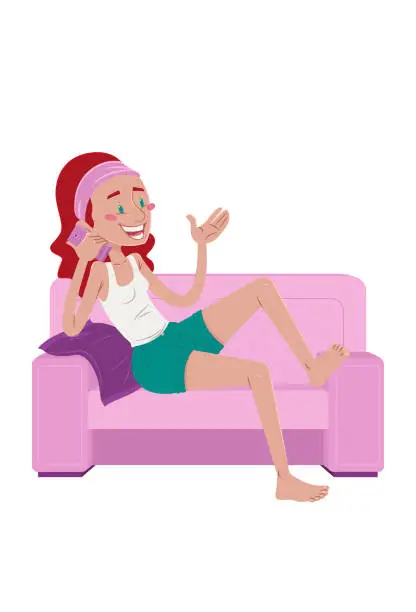 Vector illustration of Woman on sofa talking on cellphone