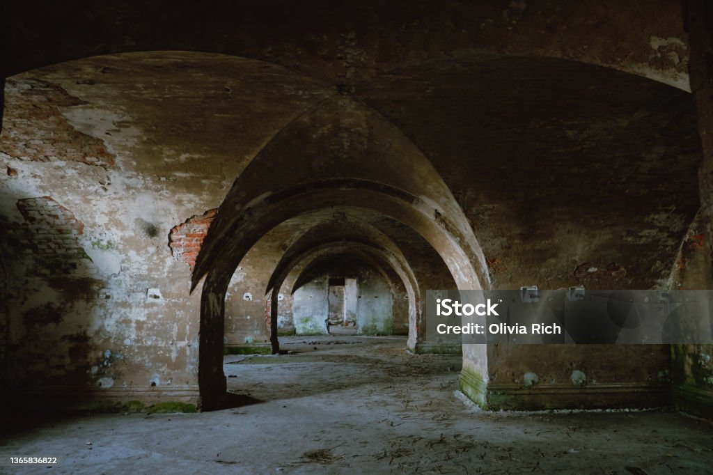 Abandoned building. The interior of the old building with rounded arches and unusual ceiling vaults. Shabby old brick, sprinkled with plaster, grundy interior decoration with green fungus on the walls Abandoned building. The interior of the old building with rounded arches and unusual ceiling vaults. Shabby old brick, sprinkled with plaster, grundy interior decoration with green fungus on the walls. High quality photo Abandoned Place Stock Photo