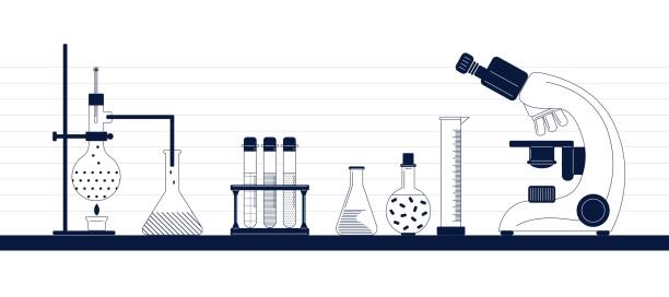 Science lab equipment Science laboratory concept set with biochemical and medical research and experiment equipment. Isolated flat vector illustration in modern minimalistic style, line art. biology class stock illustrations